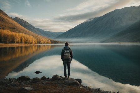 Man with a backpack stands on the shore of a mountain lake.の素材
