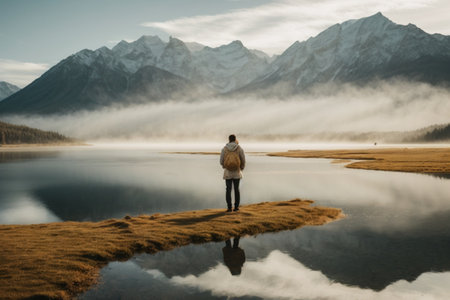 A young woman standing on the shore of a mountain lake and enjoying the view.の素材