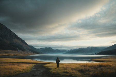 A hiker is standing on the shore of a mountain lake.の素材
