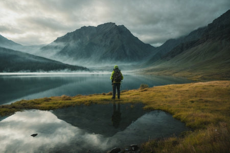 Hiker standing on the edge of a mountain lake in the morningの素材
