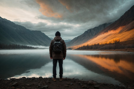 A young man is standing on the bank of a mountain lake and looking at the sunsetの素材