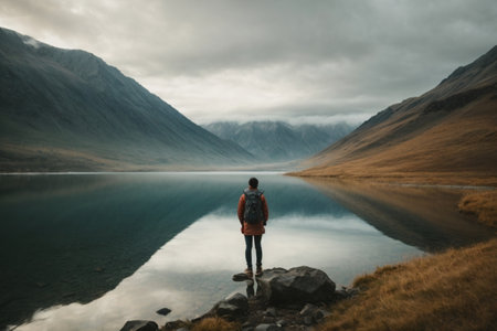 Lonely woman standing on the edge of a mountain lake and looking at the mountainsの素材