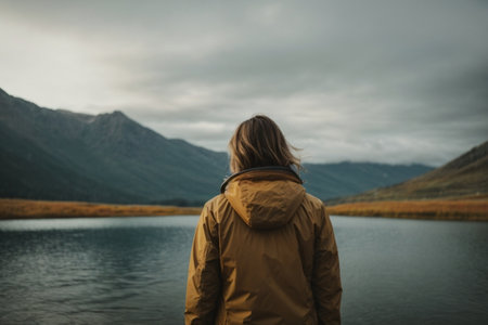 Woman in yellow jacket standing on the shore of a mountain lake.の素材