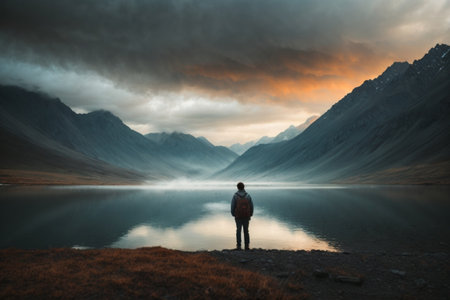 Lonely man standing on the shore of a mountain lake.の素材