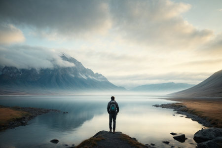 Man standing on the shore of Lake Tekapo, South Island, New Zealandの素材