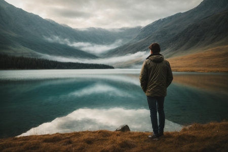 Man standing on the edge of mountain lake and looking at misty landscape.の素材