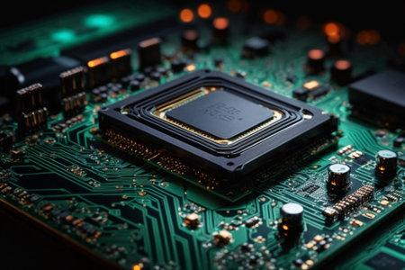 Close-up of electronic circuit board with microchips. Technology backgroundの素材