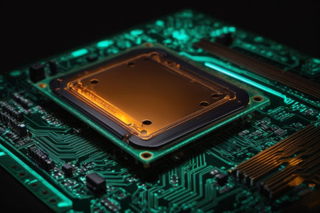 Close up of microcircuit electronic board. Technology concept background.の素材