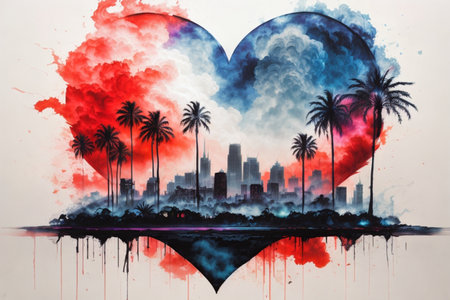 Double exposure of heart shape with skyscrapers and palm tree on watercolor backgroundの素材