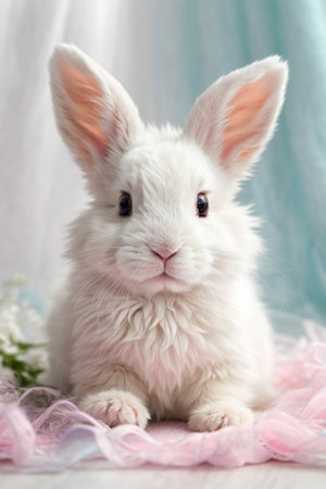 Cute white rabbit on a background of green fabric. Easter bunnyの素材
