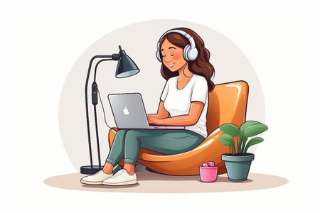 Young woman working at home with laptop and headphones. Vector illustration.の素材
