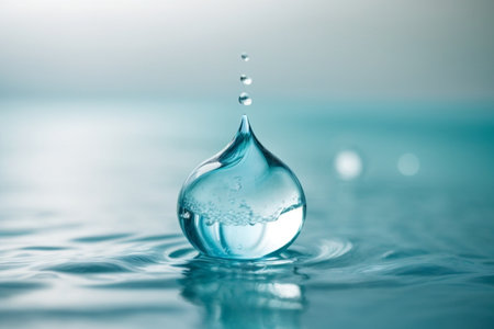 Water drop with ripples on water surface. Splash effect after collision a falling drop with water Surfaceの素材