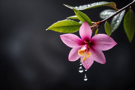 Beautiful pink orchid flower with water drops on black background.の素材