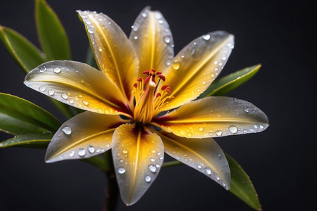 Beautiful yellow lily flower with water drops on black background.の素材