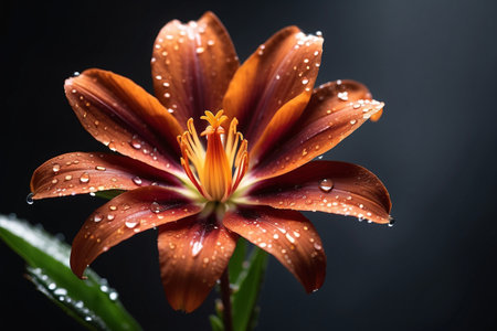 Beautiful orange lily flower with water drops on black background.の素材