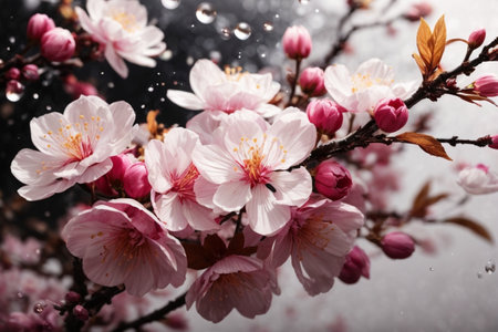 cherry blossom tree on a dark background with water drops and reflectionの素材