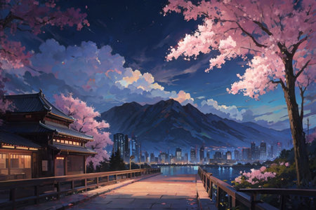 Illustration of the city and cherry blossom in the evening.の素材