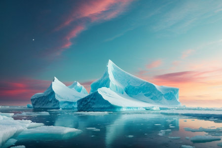 Icebergs on the ice floe at sunset. 3d illustrationの素材