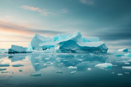 Icebergs floating in the ocean at sunset. global warming conceptの素材