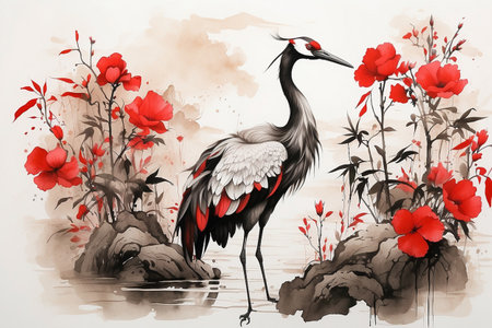 Chinese painting of crane on watercolor background, illustration in vector formatの素材