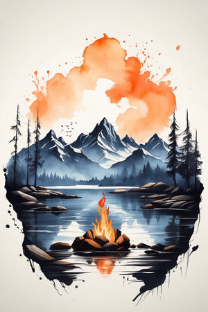 Watercolor illustration of a campfire on the shore of a mountain lake.の素材