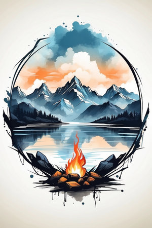 Vector illustration of a landscape with a lake, mountains and a campfire.の素材
