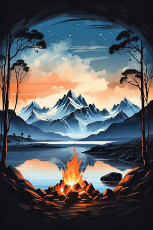 Illustration of a campfire in the forest with mountains in the backgroundの素材