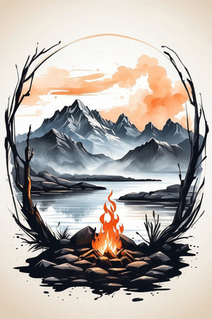 Camping by the lake. Hand drawn vector illustration of a campfire and mountains.の素材