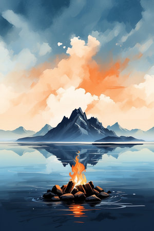 Bonfire on the lake with mountains in the background. Vector illustration.の素材