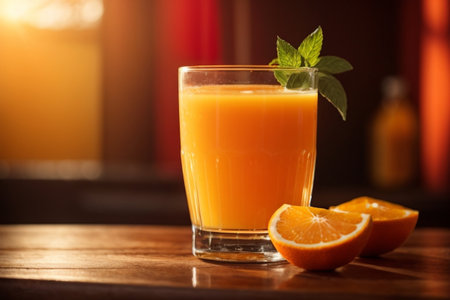 Glass of fresh orange juice with mint and slices of orange on wooden tableの素材