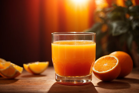 Glass of fresh orange juice and oranges on wooden table, closeupの素材