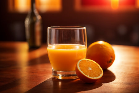 Glass of fresh orange juice on a table in a bar. Shallow depth of fieldの素材