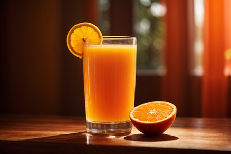 Glass of fresh orange juice with slice of orange on wooden table.の素材