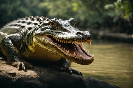 Crocodile with open mouth and teeth in the nature.の素材