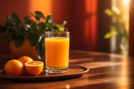Glass of fresh orange juice on wooden table in sunlight, closeupの素材