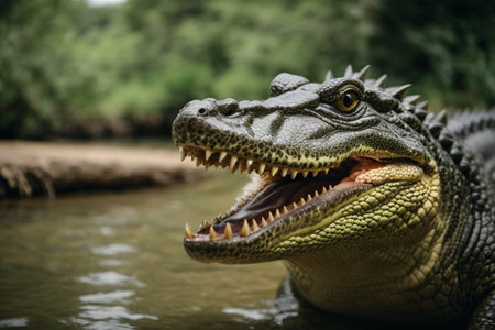 Close-up portrait of a crocodile with open mouth and teeth.の素材