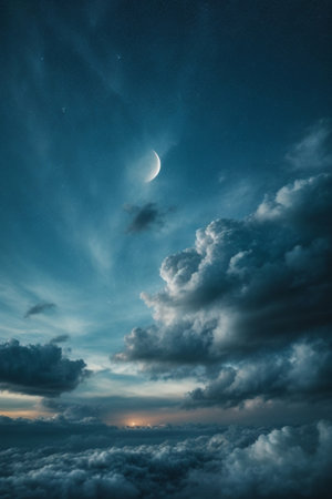Beautiful sky with clouds and moon at night. Landscape.の素材