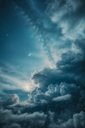 Night sky with clouds and moon. Dramatic sky with clouds and stars