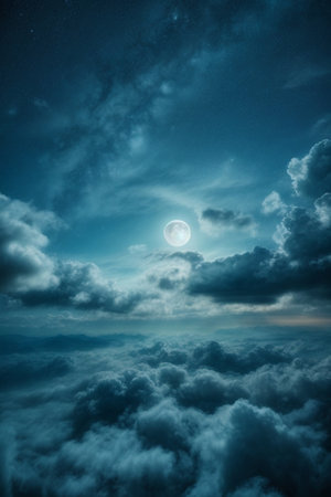 night sky with clouds and full moon. retro vintage hipster styleの素材