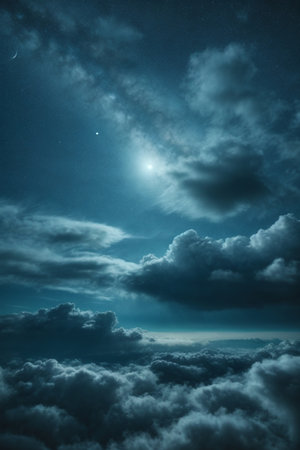 Beautiful night sky with clouds and stars. Sky with clouds and starsの素材