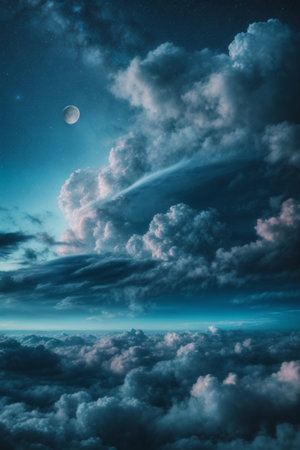 Night sky with clouds and moon. Beautiful night sky with clouds and starsの素材