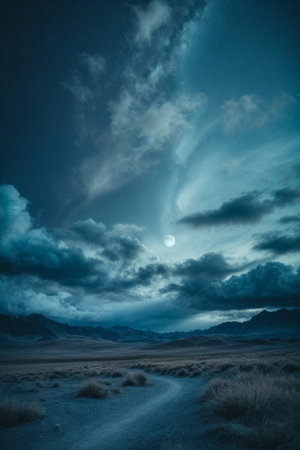 Dramatic night sky with moon and mountains. Long exposure.の素材