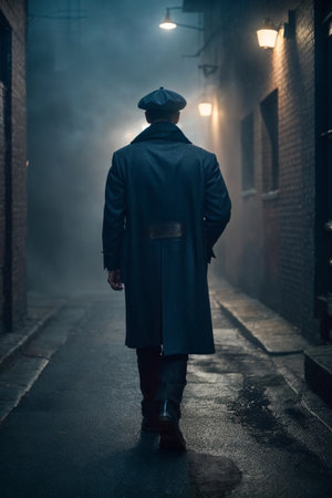 Portrait of a man in a coat and hat in a foggy streetの素材