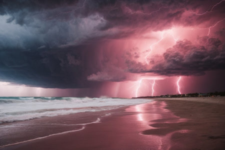 Beautiful stormy sky over the sea, thunderstorm and lightningの素材