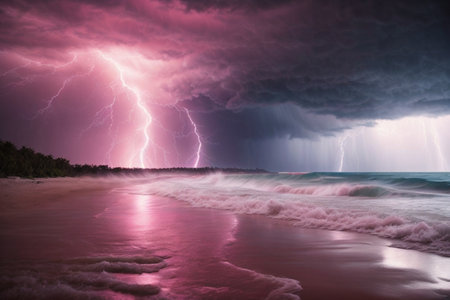 Dramatic stormy sky over the ocean with lightning in the backgroundの素材