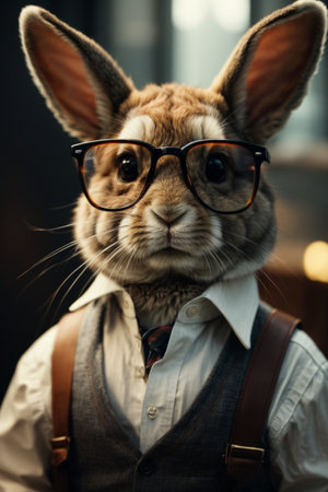 Cute rabbit wearing eyeglasses and suspenders, looking at cameraの素材
