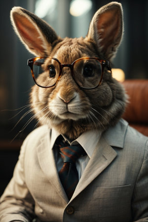 Portrait of a rabbit wearing glasses and a suit with a tieの素材