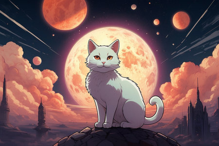 Cat sitting on a rock in front of the moon. 3d renderingの素材