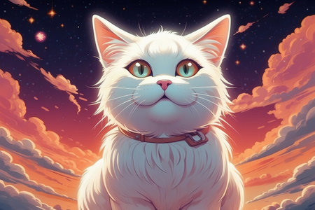 Cute white cat in the night sky with stars and clouds.の素材