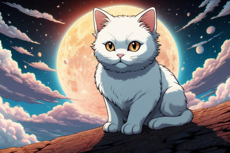 Cute cat sitting on the top of the hill and looking at the moonの素材